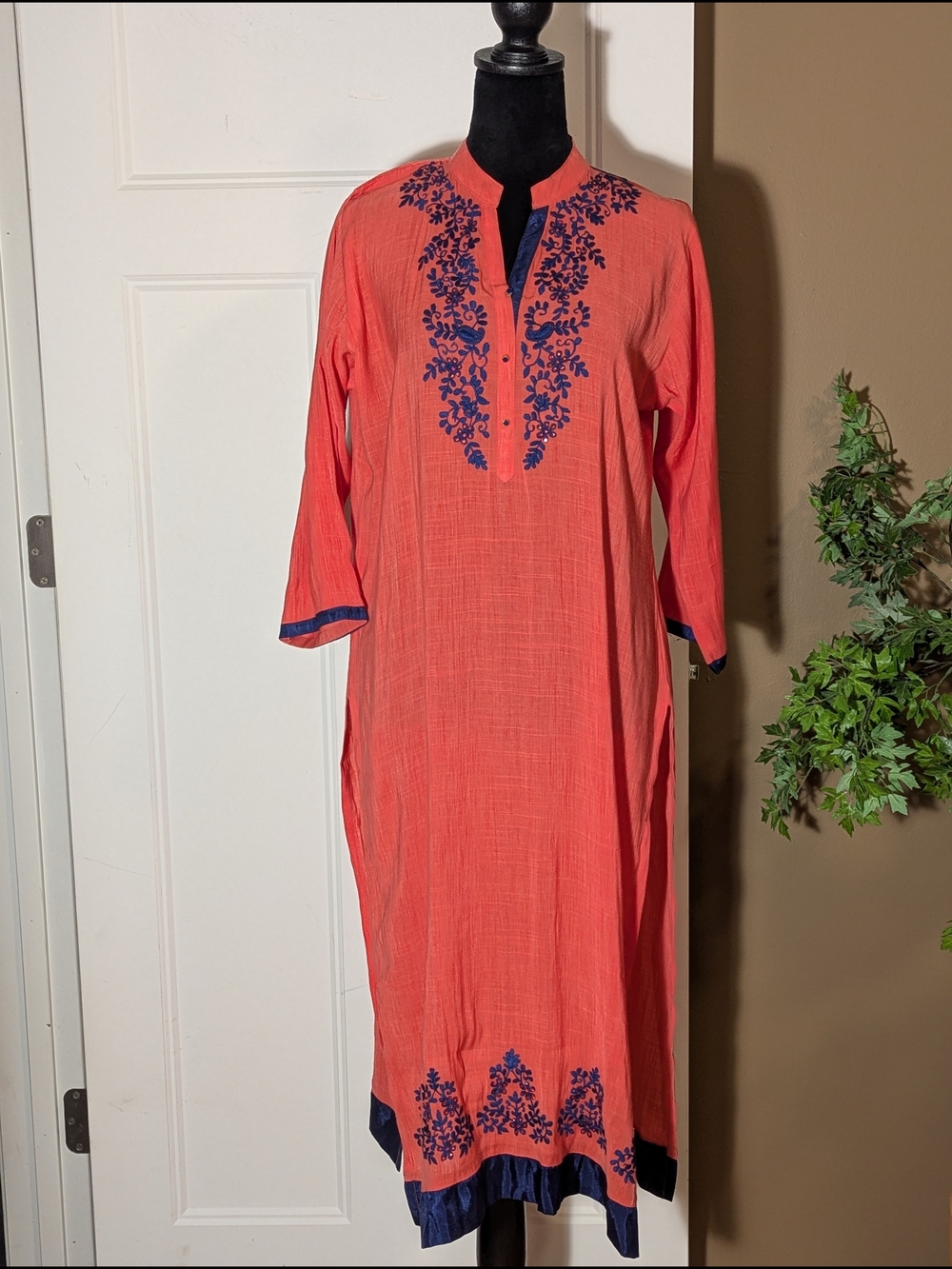 Coral Kurta with Navy Floral Embroidery And Embellishments. XXL.